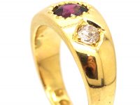 Victorian 18ct Gold, Three Stone Garnet & Diamond Gypsy Ring