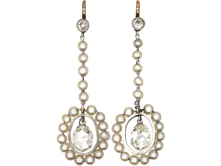 Edwardian Platinum & Natural Pearl & Briolette Diamond Earrings