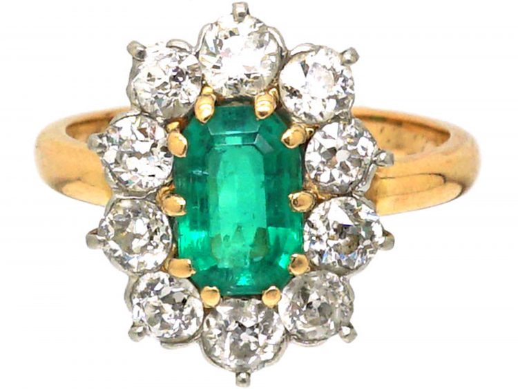 French Belle Epoque 18ct Gold, Emerald & Diamond Cluster Ring