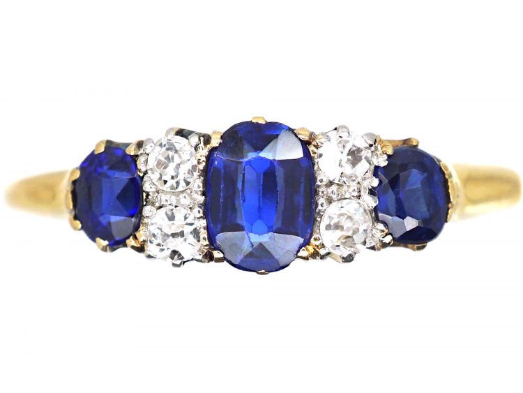 Edwardian 18ct Gold, Three Stone Sapphire Ring with Diamonds In Between