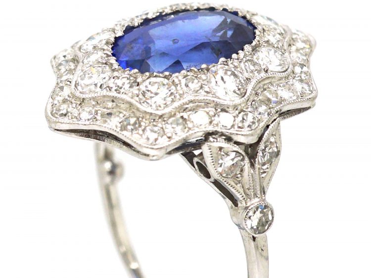 Art Deco Platinum, Unheated Burma Sapphire & Diamond Fancy Cluster Ring