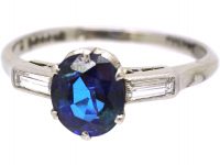 Retro 18ct White Gold & Platinum, Unheated Sapphire Solitaire Ring with Baguette Diamond Shoulders