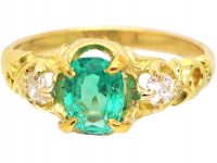 Victorian 18ct Gold, Emerald & Diamond Three Stone Ring