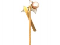 Edwardian 18ct Gold & Platinum Hatchet Tie Pin set with a Pearl