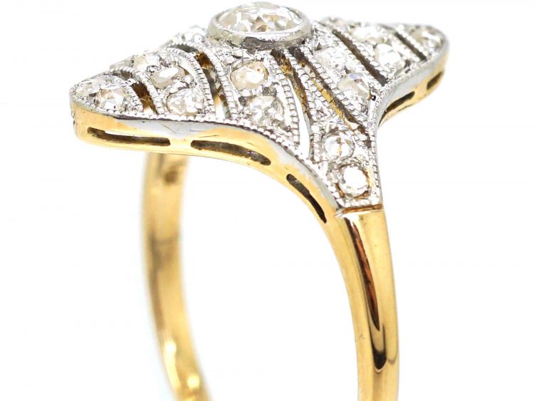 Art Deco 18ct Gold & Diamond Navette Shaped Ring