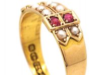 Victorian 15ct Gold Double Buckle Ring set with Natural Split Pearls & Rubies