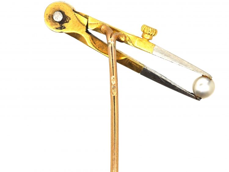 French Masonic 18ct White & Yellow Gold Pair of Compasses Holding a Natural Pearl Tie Pin