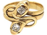 Edwardian 18ct Gold Double Snake Ring set with Two Diamonds