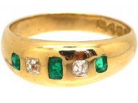 Edwardian 18ct Gold, Emerald & Diamond Rub Over Set Ring