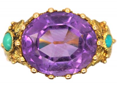 Georgian 15ct Two Colour Gold, Amethyst & Turquoise Ring with Floral Detail