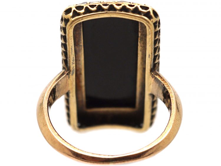 Victorian Carved Onyx Cameo Ring with Rose Diamond Border