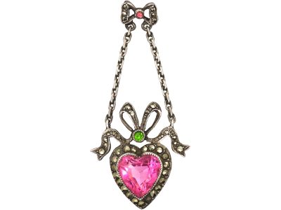 Early 20th Century Silver, Marcasite & Paste Heart Shaped Pendant