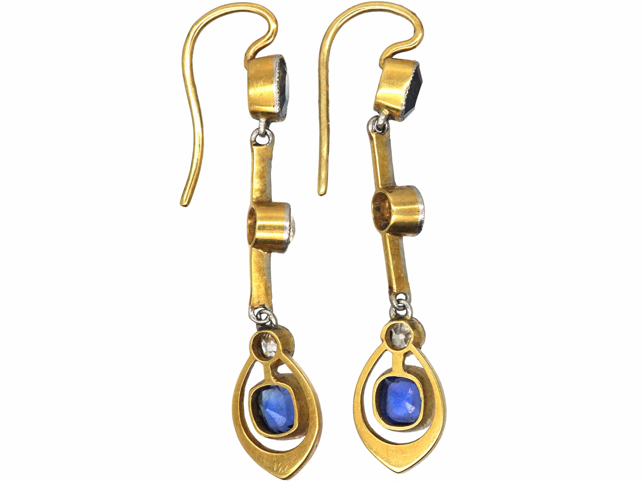 Art Deco 15ct Gold & Platinum, Sapphire & Diamond Drop Earrings (356T ...