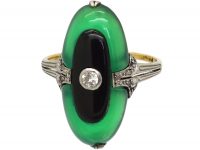 Art Deco 18ct Gold & Platinum, Chalcedony, Onyx & Diamond Ring