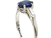 Retro 18ct White Gold & Platinum, Unheated Sapphire Solitaire Ring with Baguette Diamond Shoulders