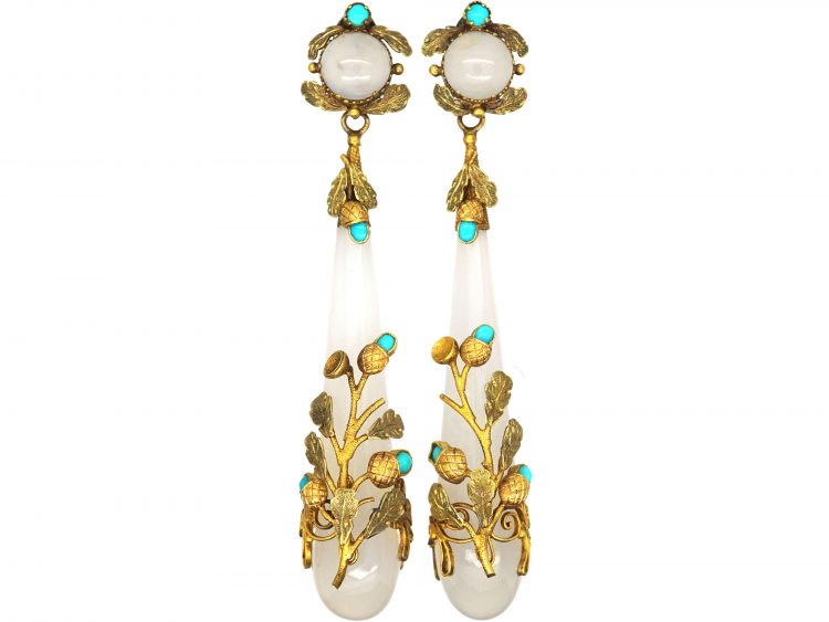 Georgian Chalcedony Drop Earrings with Three Colour Gold & Turquoise Acorn Detail