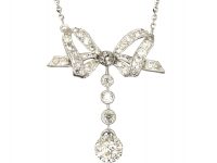 Art Deco 18ct White Gold Diamond Set Bow & Drop Pendant on 18ct White Gold Chain