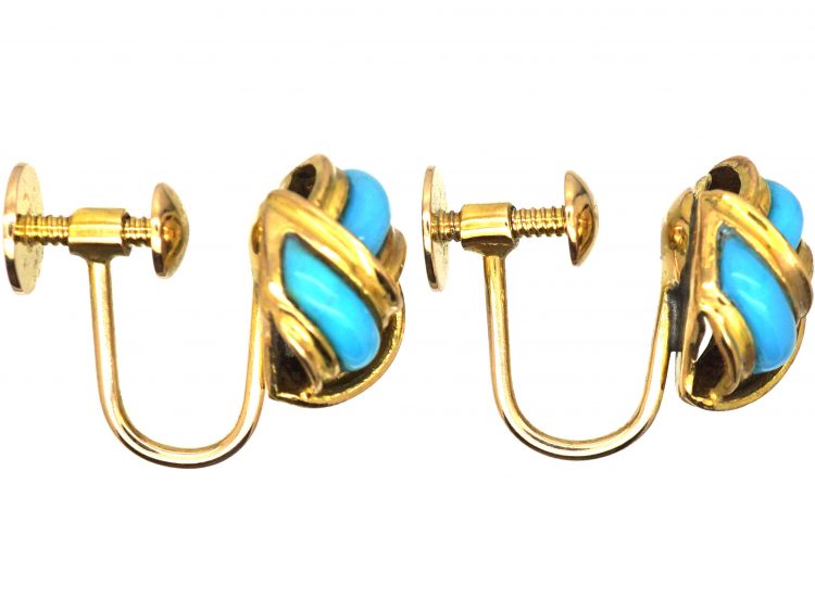 Victorian 18ct Gold Knot Earrings with Turquoise Enamel