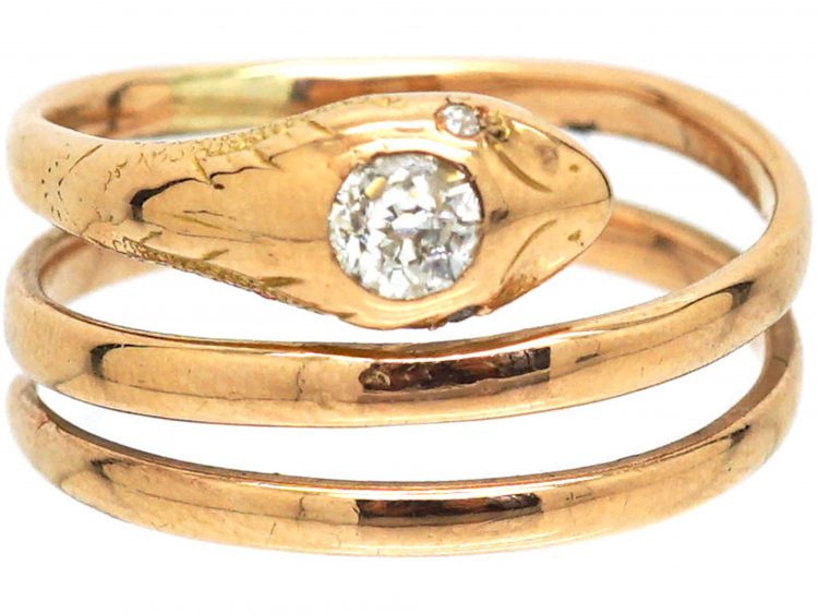 Edwardian 15ct Gold Coily Snake Ring with Diamond Detail