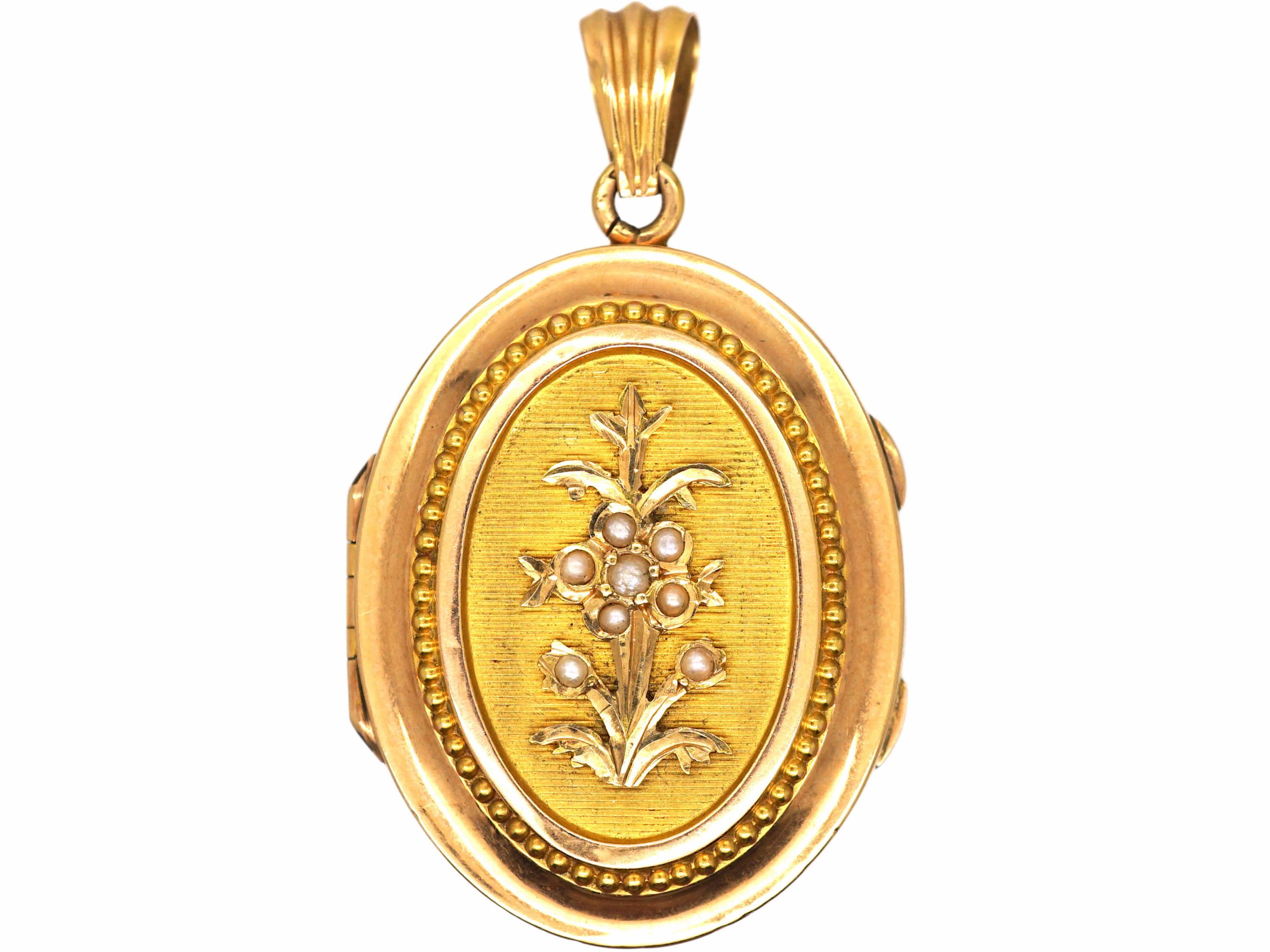 French 18ct Gold Oval Shaped Locket with a Flower Motif set with Natural  Split Pearls (332T) | The Antique Jewellery Company