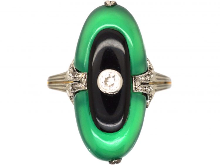 Art Deco 18ct Gold & Platinum, Chalcedony, Onyx & Diamond Ring
