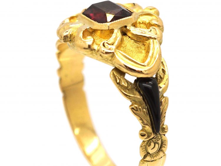 Late Georgian 18ct Gold & Black Enamel Ring Set With a Garnet