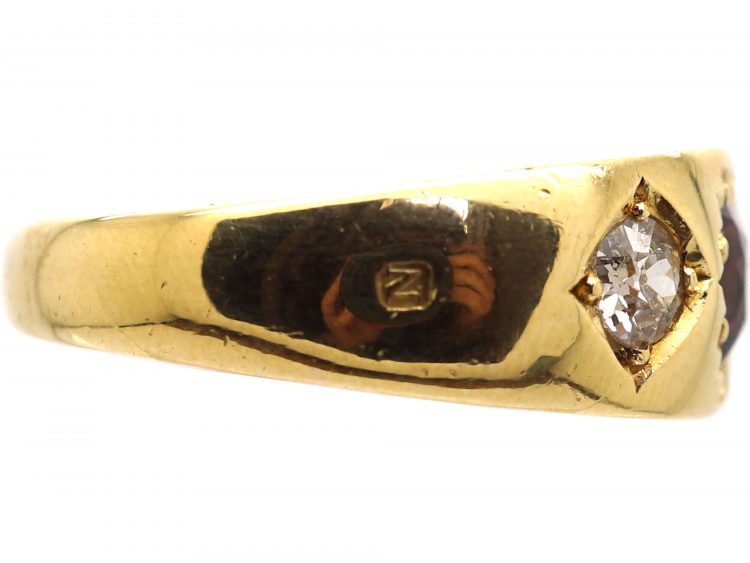 Victorian 18ct Gold, Three Stone Almandine Garnet & Diamond Gypsy Ring