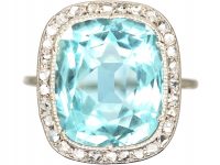 Art Deco Platinum, Aquamarine & Rose Diamond Ring