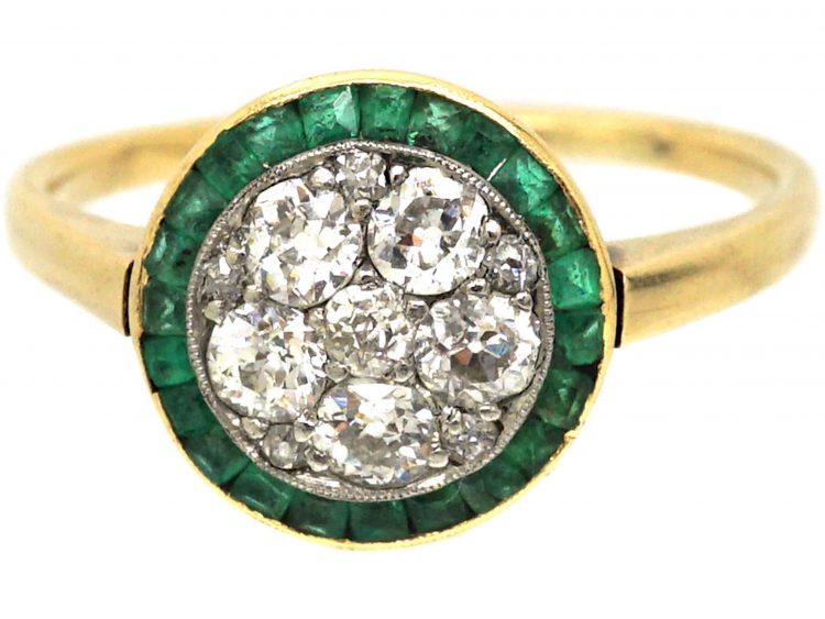 Art Deco 18ct Gold & Platinum Target Ring set with Diamonds & Emeralds