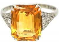 Art Deco 18ct Gold & Platinum, Citrine Ring with Diamond Set Shoulders