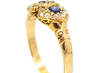 Edwardian 15ct Gold, Double Heart Ring set with Rose Cut Diamonds, a Ruby & a Sapphire