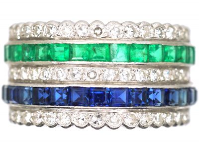Art Deco 18ct White Gold, Diamond, Sapphire & Emerald Half Eternity Ring