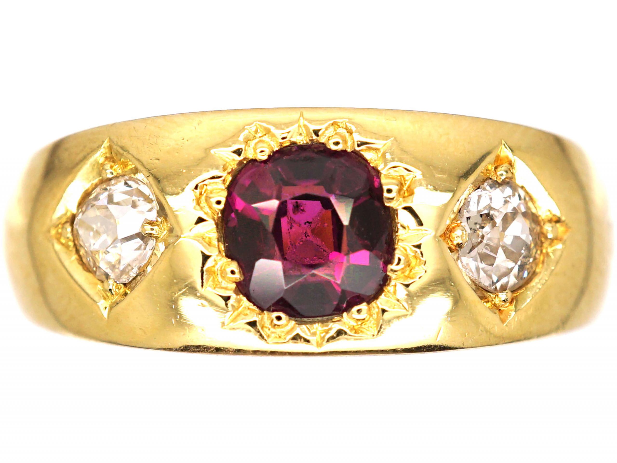 Victorian 18ct Gold, Three Stone Almandine Garnet & Diamond Gypsy Ring ...