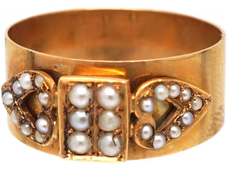 Belle Epoque French 18ct Gold Ring with Natural Split Pearl Hearts Motif