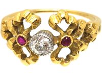 French Art Nouveau 18ct Gold & Platinum, Ruby & Diamond Ring with Two Bows