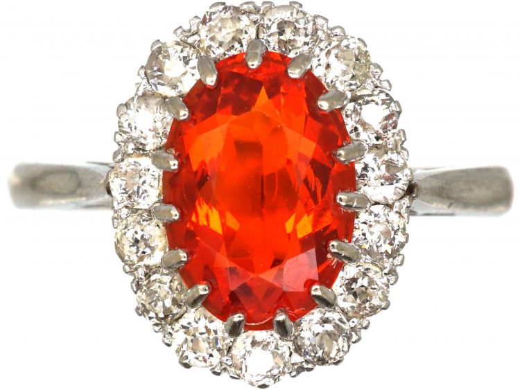 Art Deco 18ct White Gold, Fire Opal & Diamond Cluster Ring