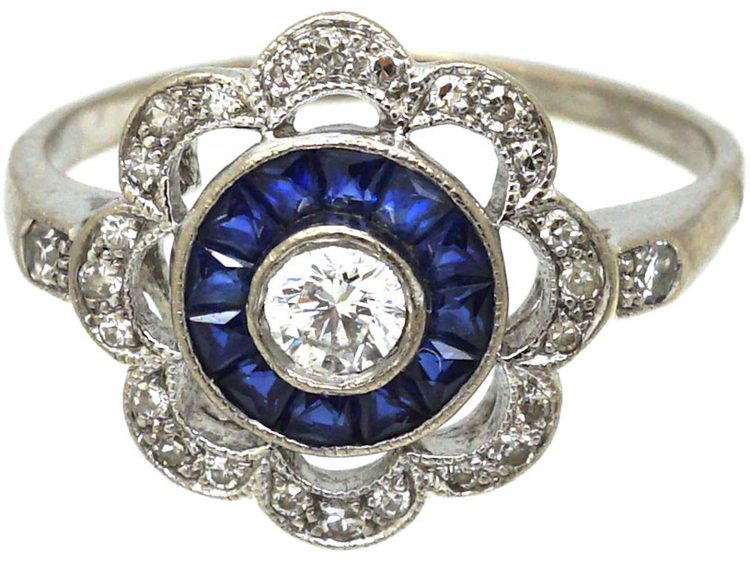 18ct White Gold, French Cut Sapphire & Diamond Target Ring