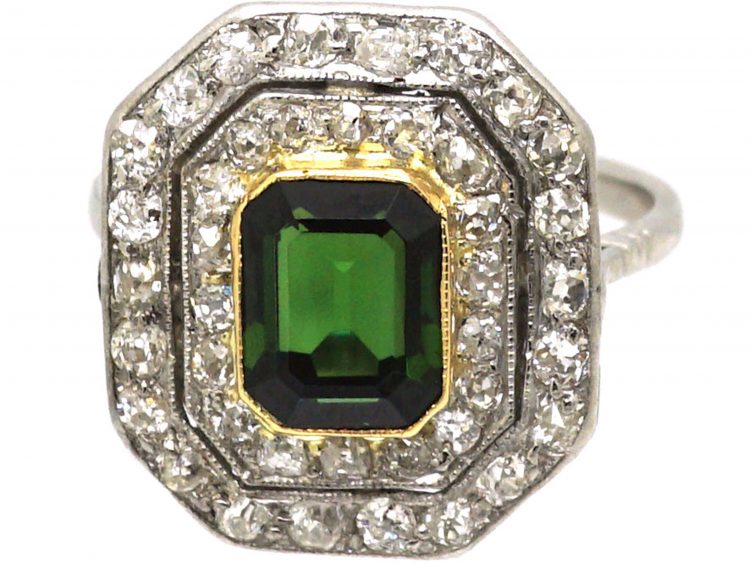 Art Deco Platinum, Green Tourmaline & Diamond Octagonal Shaped Ring