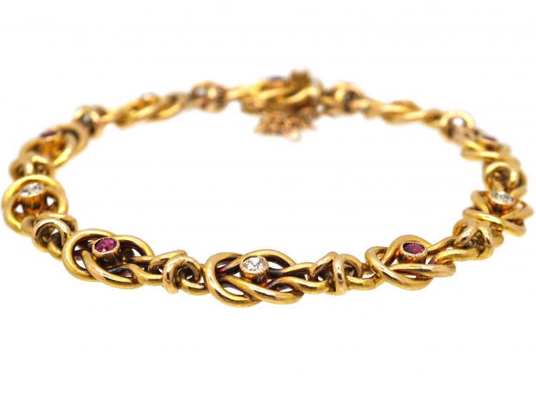 Edwardian 15ct Gold Lover's Knot Bracelet set with Rubies & Diamonds