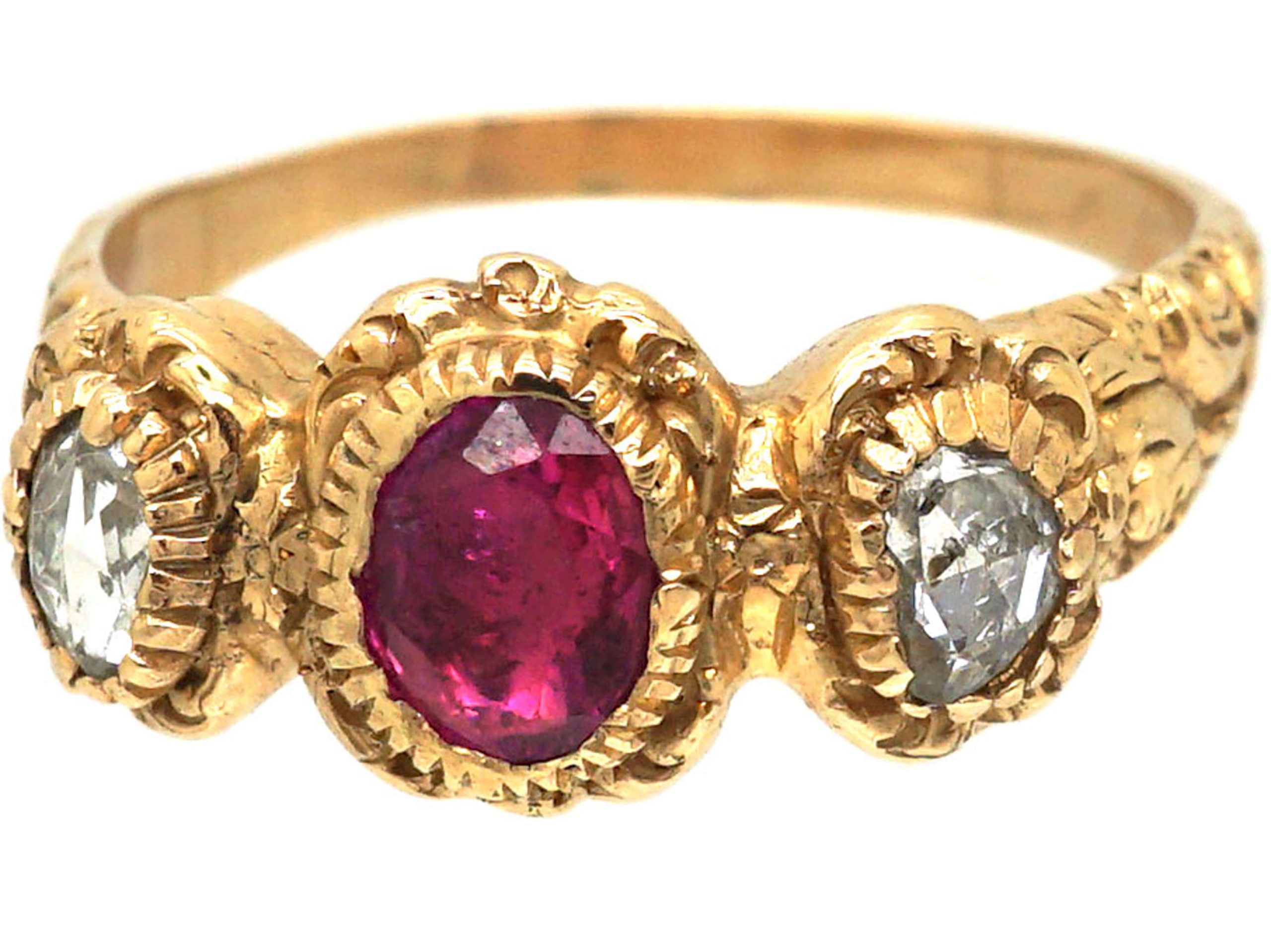 Georgian 15ct Gold, Ruby & Rose Diamond Ring with Repousse Shoulders ...