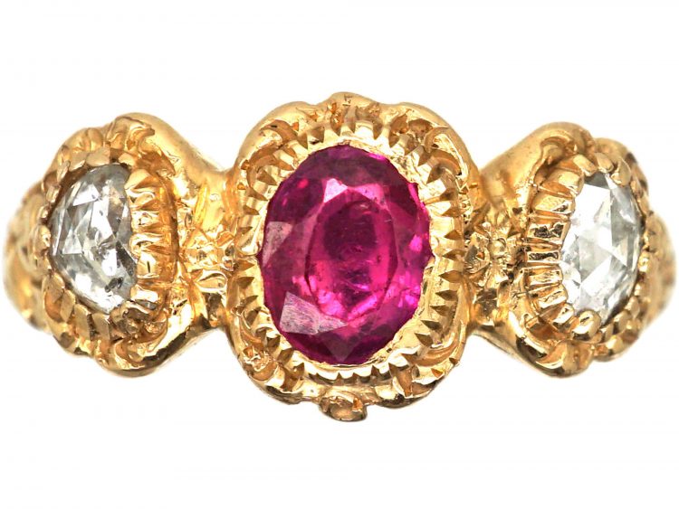 Georgian 15ct Gold, Ruby & Rose Diamond Ring with Repousse Shoulders