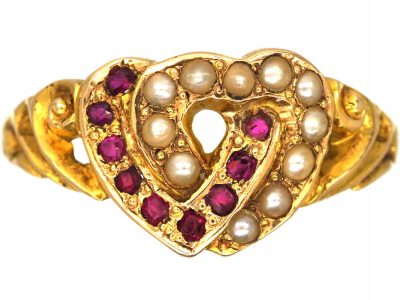 Victorian 15ct Gold Double Heart Ring set with Rubies & Natural Split Pearls