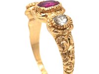Georgian 15ct Gold, Ruby & Rose Diamond Ring with Repousse Shoulders