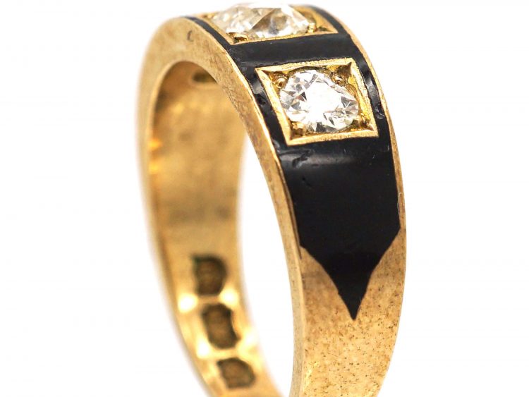 Victorian 18ct Gold, Black Enamel & Diamond Three Stone Ring