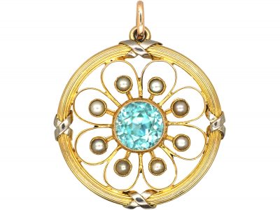 Edwardian 9ct Two Colour Gold Flower Pendant set with a Zircon & Natural Split Pearls