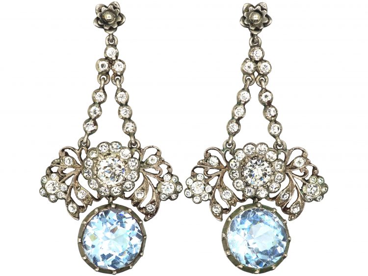 Edwardian Silver & Pale Blue & White Paste Flower Drop Earrings