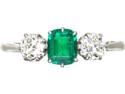 Early 20th Century Emerald & Diamond Three Stone Ring