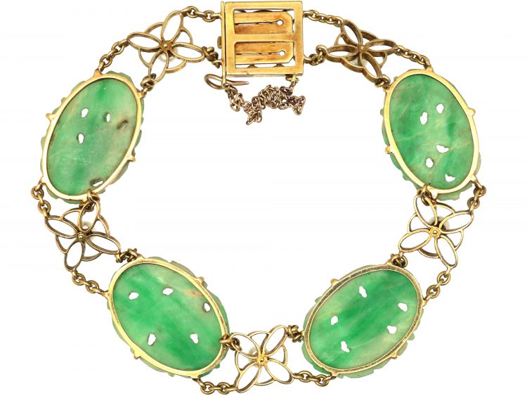Art Deco 15ct Gold, Jade & Natural Pearl Bracelet