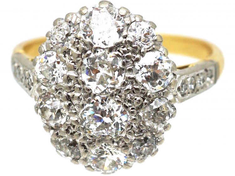 Retro 18ct Gold Diamond Cluster Ring with Diamond Set Shoulders