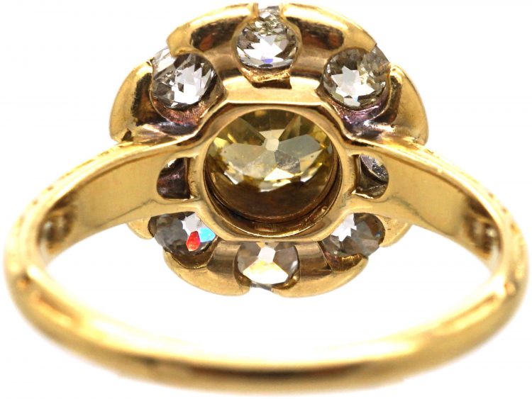 Victorian 18ct Gold Diamond Cluster Ring set with an Old Mine Cut Fancy Yellow Diamond